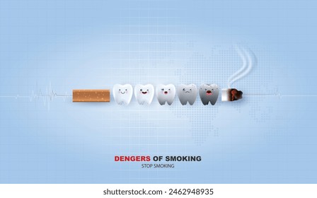 Cartoon tooth holding stop and no smoking. dental care concept. stop smoking, World No Tobacco Day. vector design.