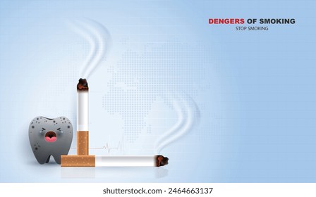 Dientes de dibujos animados que sostienen alto y no fumar. concepto de cuidado dental. dejar de fumar, Día Mundial sin Tabaco. Diseño de Vectores.