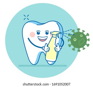 Cartoon tooth holds sanitizer spray for disinfecting contact surfaces from the virus. Dental illustration due to COVID-19 or Coronavirus pandemic. Sign of preparing workplaces.