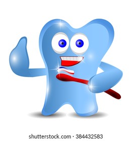 Cartoon Tooth Icon Cleaning Its Teeth. Creative Vector Illustration