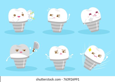 cartoon tooth implant with different emotion on the blue background