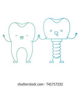 cartoon tooth and tooth implant with screw and holding hands in degraded green to blue color contour vector illustration