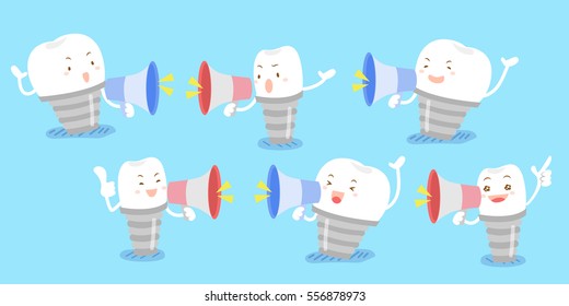 cartoon tooth implant take microphone and feel happily