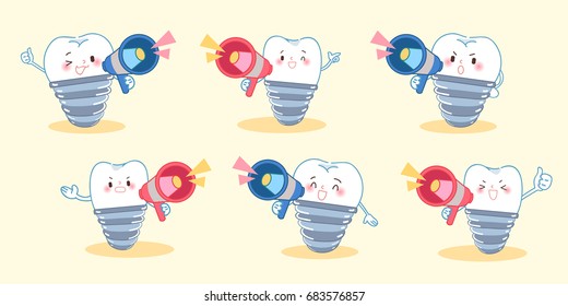 cartoon tooth implant take microphone and feel happily