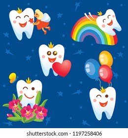 Cartoon tooth like a prince in different actions