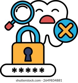 A cartoon of a tooth with a lock on it and a key. The key is missing. The tooth is sad and the lock is closed