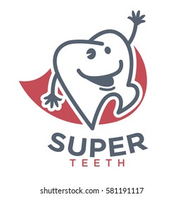 Cartoon tooth logo template for child dentistry or dental toothpaste product label tag. Happy teeth smiling character in super hero cape