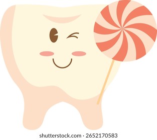 Cartoon Tooth with Lollipop Flat Illustration