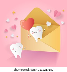 cartoon tooth with love concept on the pink background