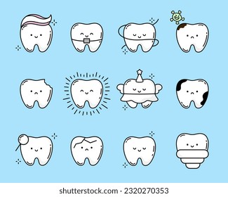 Cartoon tooth mascot. Cute teeth with different emotions set for label design. Happy smiling teeth treatment characters. Dental mascots vector illustration set. Toothache cleaning floss, toothbrush