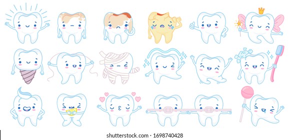 Cartoon tooth mascot. Happy smiling teeth treatment characters, toothpaste and toothbrush. Dental mascots vector illustration set. Toothache cleaning floss, hygiene toothbrush