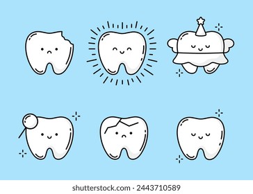 Cartoon tooth mascot. Happy smiling teeth treatment characters. Dental mascots vector illustration set. Tooth Caries, Floss, Tooth Fairy, Crack, Clean and Healthy Tooth. Vector outline illustration