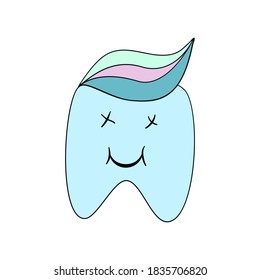 Cartoon tooth mascot with a peppermint toothpaste. Dental care concept. Crazy character, hand drawn vector illustration isolated on white background.