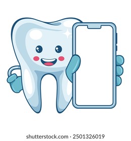 Cartoon of a tooth with mobile phone. Communication, notification and contact. Prevention, diagnosis and treatment of tooth and gum diseases. Dental hygiene and oral care. Tooth decay prevention