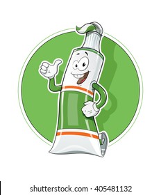 Cartoon Tooth Pasta tube show okay vector illustration. Isolated white background. Smiling Pasta. for Protect teeth. Dental fresh Cleanness tooth. Transparent objects used lights and shadows drawing