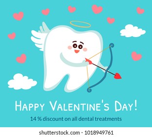 Cartoon tooth in the role of a Cupid, Angel, Amour with bow and arrow in the sky. Happy Valentine's Day! Greeting card from dentistry, poster with wishes on blue background.