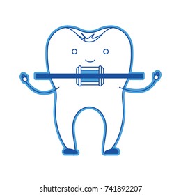 cartoon tooth with root and brace in blue silhouette vector illustration