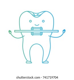 cartoon tooth with root and brace in degraded green to blue color contour vector illustration