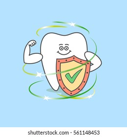 Cartoon tooth with a shield and a check mark. Dental care and hygiene icon. Healthy teeth.