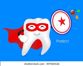 Cartoon tooth with shield, great for healthy dental care concept. Illustration