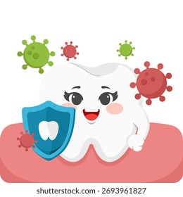 Ilustração da proteção dos dentes dos desenhos animados contra bactérias