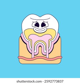 Cartoon tooth showcasing its layers and features ideal for educational materials and dental health vector hand drawn illustration