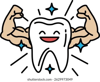 Um dente de desenho animado com um sorriso sobre ele é cercado por um braço muscular. O dente está rodeado por um círculo azul com uma estrela no centro. Conceito de força e positividade