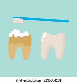 cartoon tooth with soft foam bubbles. Stomatology, dental concept. Flat style cartoon character illustration. Dental kids care banner. Care your teeth