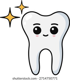 “Diente sonriente de la historieta con el brillo, Vector mínimo plano, icono de la higiene dental”