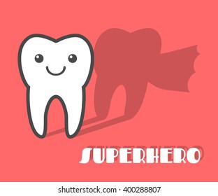 Cartoon tooth with superhero shadow. Vector illustration