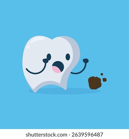 Cartoon tooth with a surprised expression is recoiling from a small, dark stain, possibly representing plaque or food, set against a light blue background.  The tooth is depicted with simple, expressi