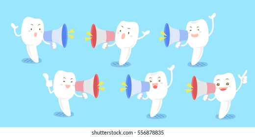 cartoon tooth take microphone and feel happily