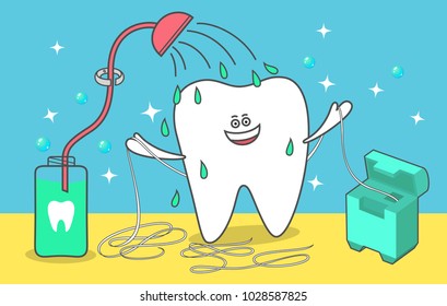 Cartoon tooth is taking a shower with a mouthwash and dental floss. Flossing, rinsing, cleaning teeth. Dental care and hygiene illustration for kids. 