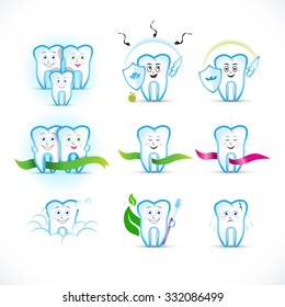 Cartoon tooth, teeth icon set, cartoon characters. Family, protecting, couple, with ribbons, with toothbrush, with caries. Dental clinic logo templates. Medical logotypes,   illustrations.