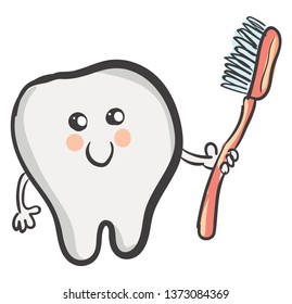 A cartoon tooth that looks so cute with a smiley face holds a red toothbrush with blue bristles vector color drawing or illustration 