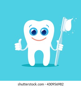 Cartoon tooth and toothbrush. Blue background. Vector, illustration