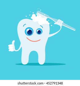 Cartoon tooth and toothbrush. Blue background. Vector, illustration