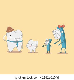 Cartoon tooth with a toothbrush. Dental care and hygiene illustration. Brushing teeth. Funny vector illustration for kids.