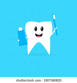 Cartoon tooth with a toothbrush and a paste in hand smiling, healthy teeth, vector illustration.