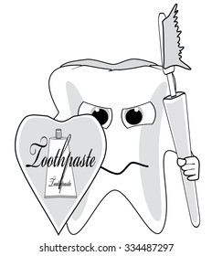 cartoon tooth with toothbrush and shield on a white background