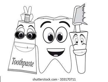 cartoon tooth, toothbrush and toothpaste on a white background