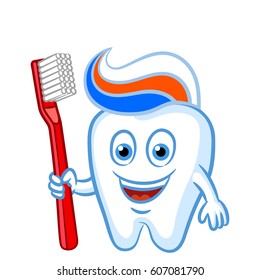 Cartoon tooth with with toothbrush and toothpaste. Cartoon tooth is prepared to brush himself. Vector illustration.