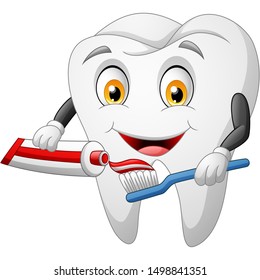 Cartoon tooth, toothbrush and toothpaste. vector illustration