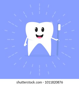 Cartoon tooth with a toothbrushin hand smiling, healthy teeth, vector illustration.