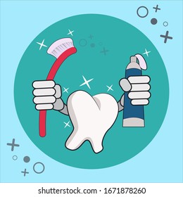 diente de caricatura con corteza dental y pasta de dientes ilustración vectorial azul