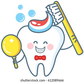 Cartoon tooth with toothpaste and mirror. Healthy teeth icon. Dental care concept and hygiene.