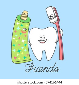 Cartoon tooth with a toothpaste and a toothbrush, best friends. Brushing teeth. Funny dental illustration for kids. 