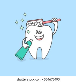 Cartoon tooth with a toothpaste and a toothbrush. Dental care and hygiene icon. Brushing teeth. Dental illustration for kids.