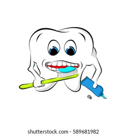 Cartoon tooth with a toothpaste and a toothbrush. Dental care and hygiene icon. Brushing teeth. Dental illustration for kids.
