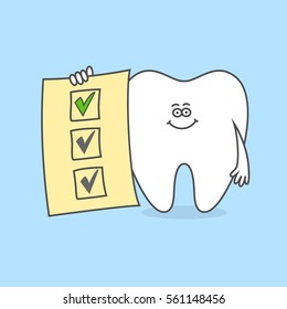 Cartoon tooth with uncompleted to do list. One green check mark on a sheet of paper. Dental care and hygiene icon. Plan for teeth treatment.